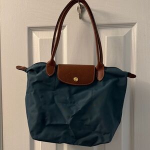 Longchamp Green Tote with Brown Leather Accents